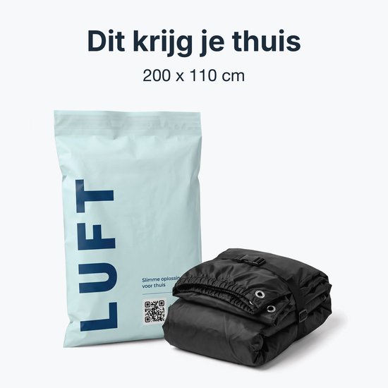 Lichtblauwe LUFT-verpakking en opgevouwen zwarte fietshoes (200x110 cm) met tekst: Dit krijg je thuis.