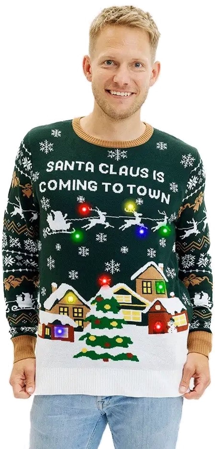Happy Seasons Foute Kersttrui met Lichtjes - Dames & Heren - Lampjes - Christmas Sweater LED - Mannen & Vrouwen "Santa Claus is Coming to Town" Maat M/L