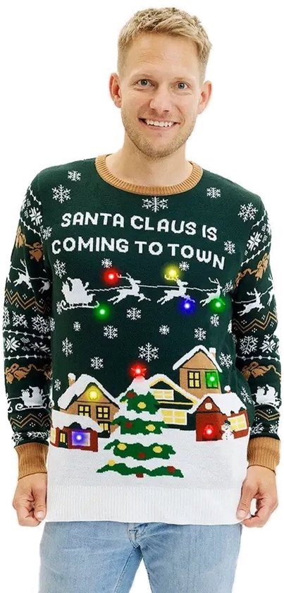 Foute Kersttrui met Lichtjes Dames & Heren - Lampjes - Christmas Sweater LED "Santa Claus is Coming to Town" Maat L