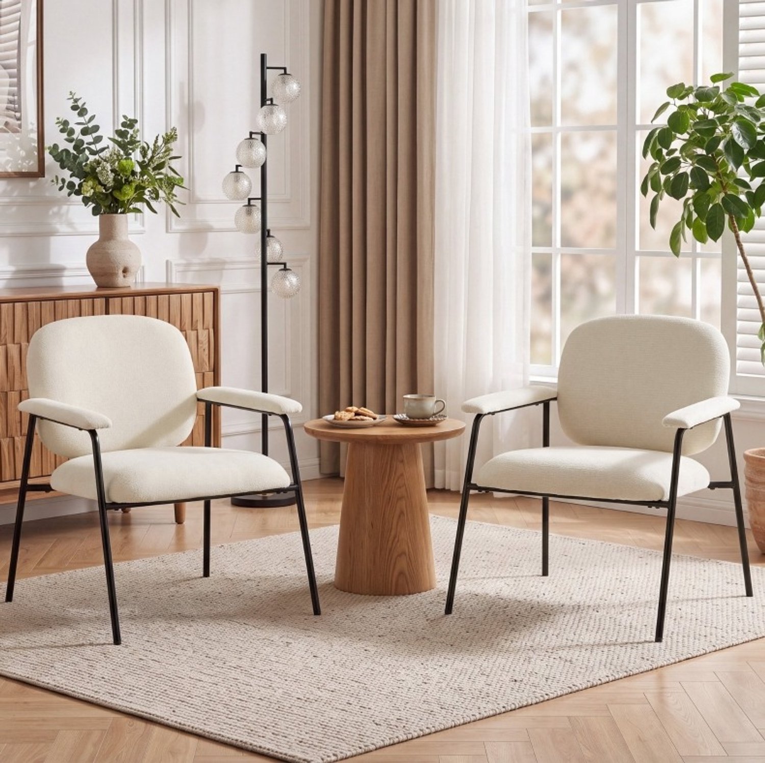 MODENUIT Fauteuilset - Chenille Bekleding en Metalen Onderstel - Woonkamer - Crème - 67x64x76,5 Cm