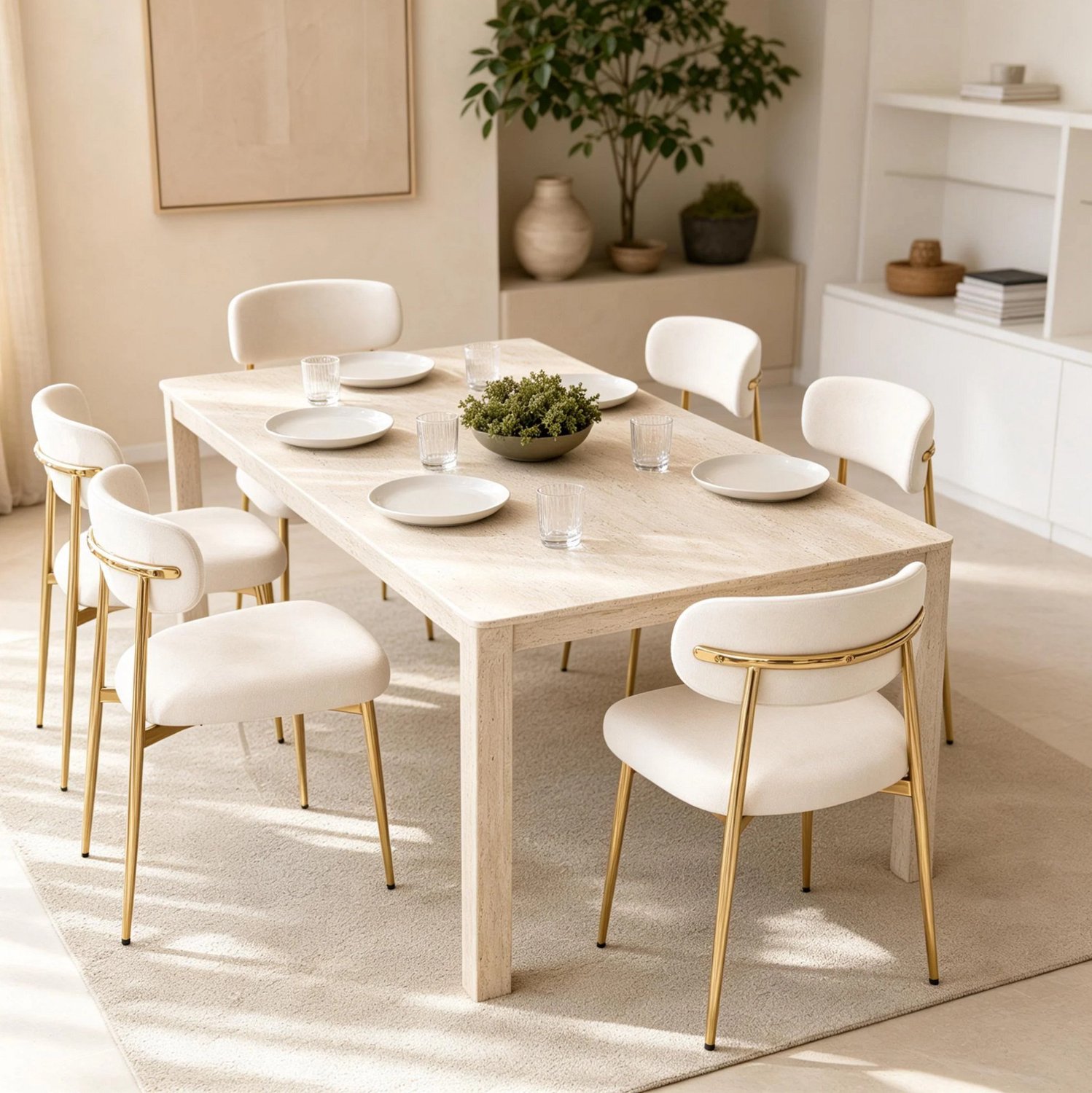 DESMIU Eetkamerstoelen - Set Van 6 - Gestoffeerd Met Gebogen Rugleuning En Gouden Metalen Onderstel - Voor Eetkamer En Keuken - Polyester Wit