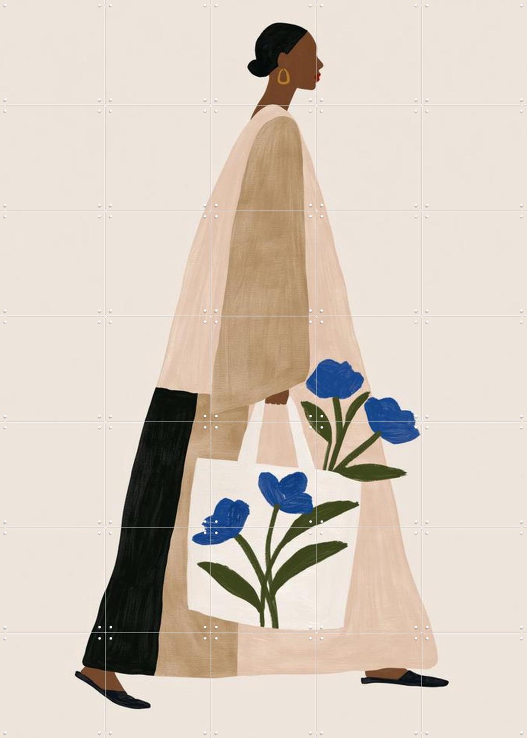IXXI Blue Bloom, Atelier Pommeline - 100 x 140 cm - Grote wanddecoratie en posters - Modern, Fantasierijk, Minimalisme, Woonkamer, Gang, Slaapkamer Beige / Blauw / Zwart