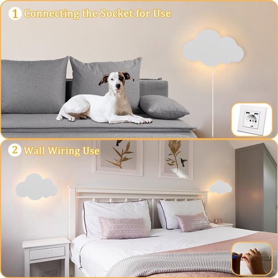 LED muurlamp met aanraakschakelaar voor kinderen, dimbaar nachtlampje voor binnen, warm wit wandlamp met stekker, modern wolken muurverlichting, bedlampje voor jongen en meisje, babykamer, slaapkamer en woonkamer [Energieklasse F] — afbeelding 2