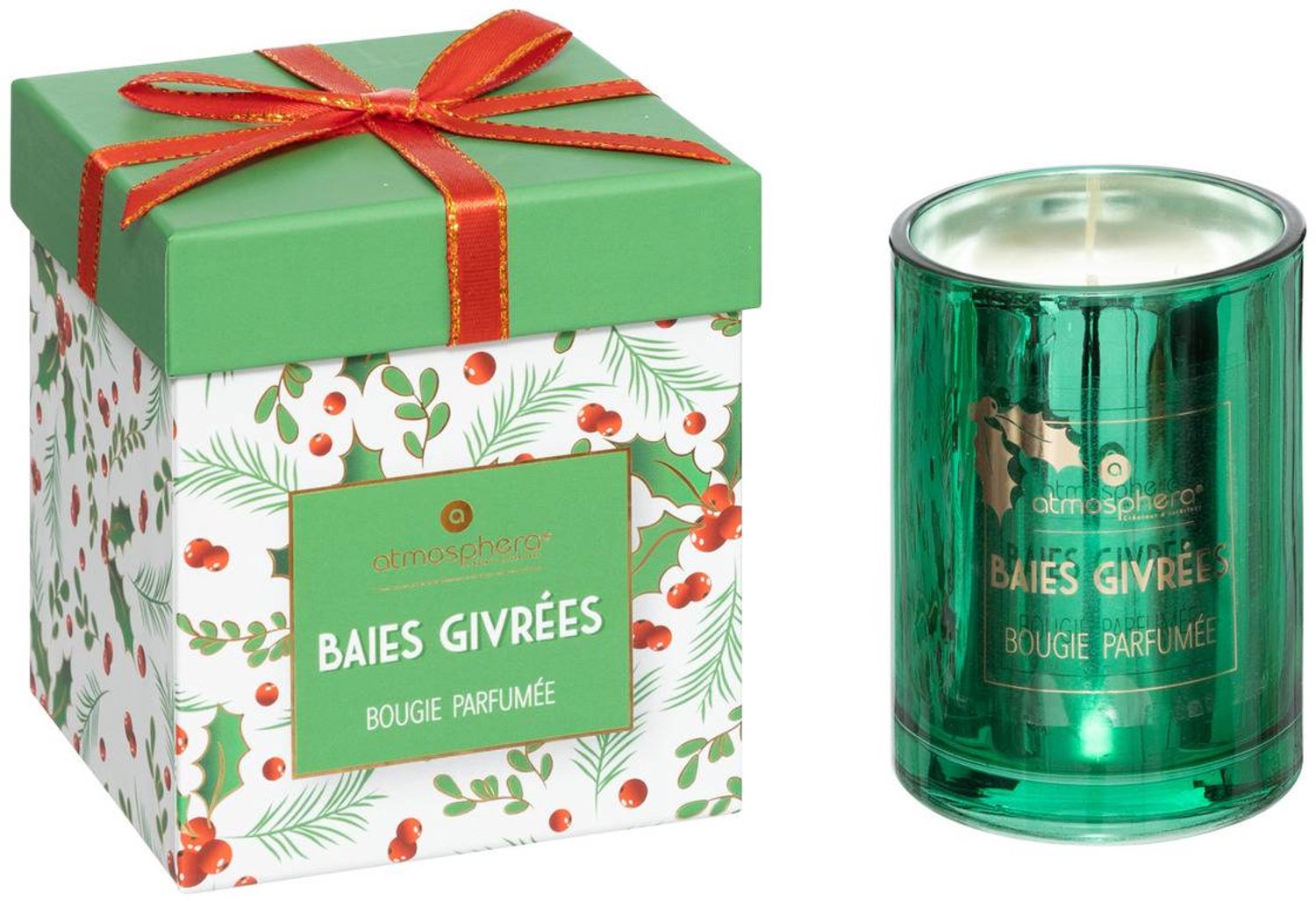 Feeric lights & Christmas Geurkaars 210 gr met glazen pot met hulstprint Vert