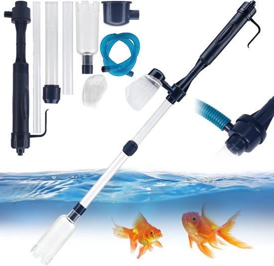 Complete set elektrische aquariumstofzuiger met onderdelen, afgebeeld bij twee goudvissen.