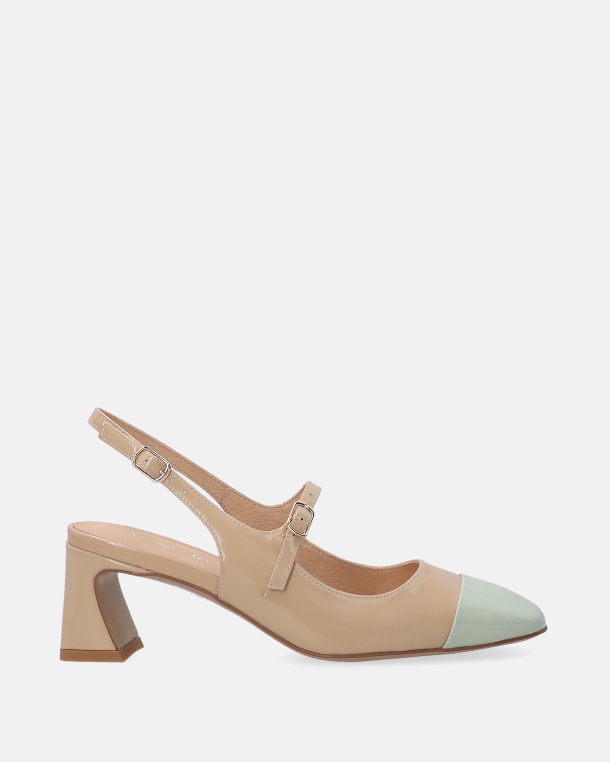 Beige Lakleren Pumps - Open Hiel - Hak 6 cm