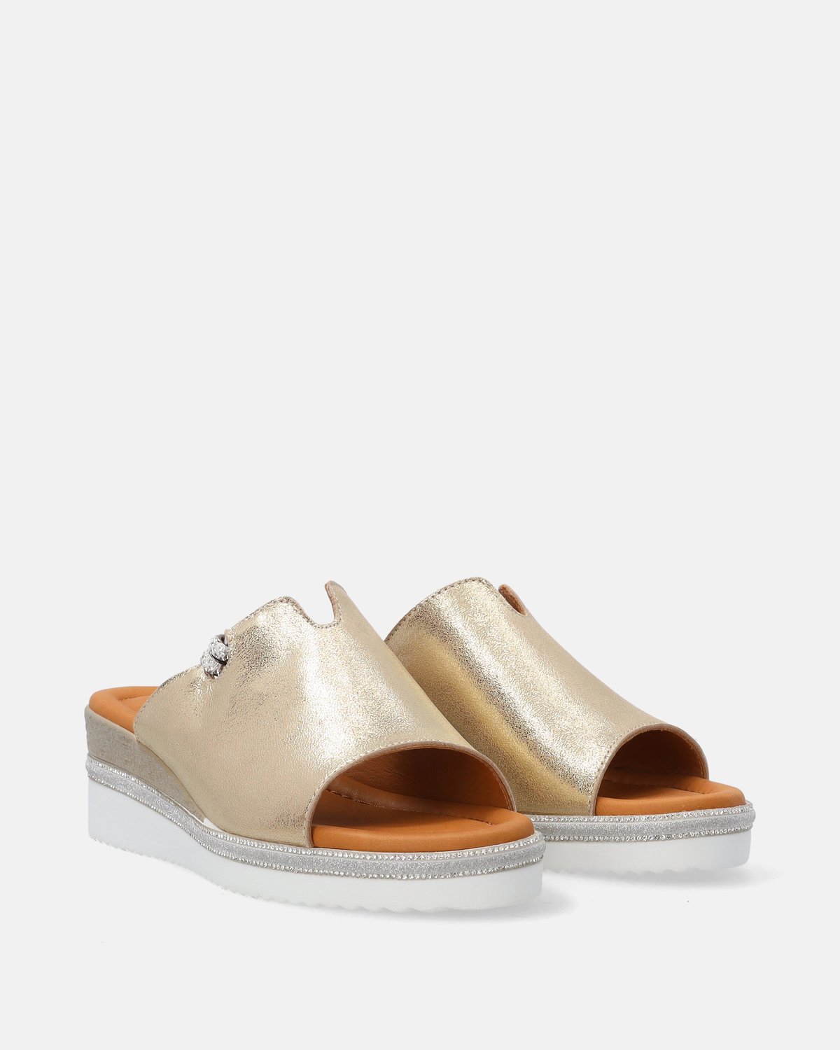 Gouden metallic dames-slippers - Echt leer - Sleehak 5 cm