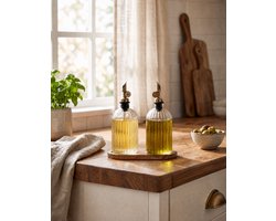 Souwaira Olazi – Olie en Azijn Set – 2x 400 ml Olijfolie Dispenser – Glazen Flessen met Schenktuit – Matgoud – Houten Houder