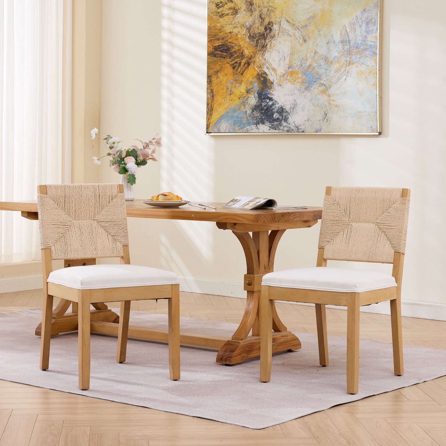 VVBV Eetkamerstoelen Set van 2 56x48x86.5 cm – Mid-Century, Rotan, Gepolsterde Zitting – voor Keuken/Eetkamer – Linnen – Beige