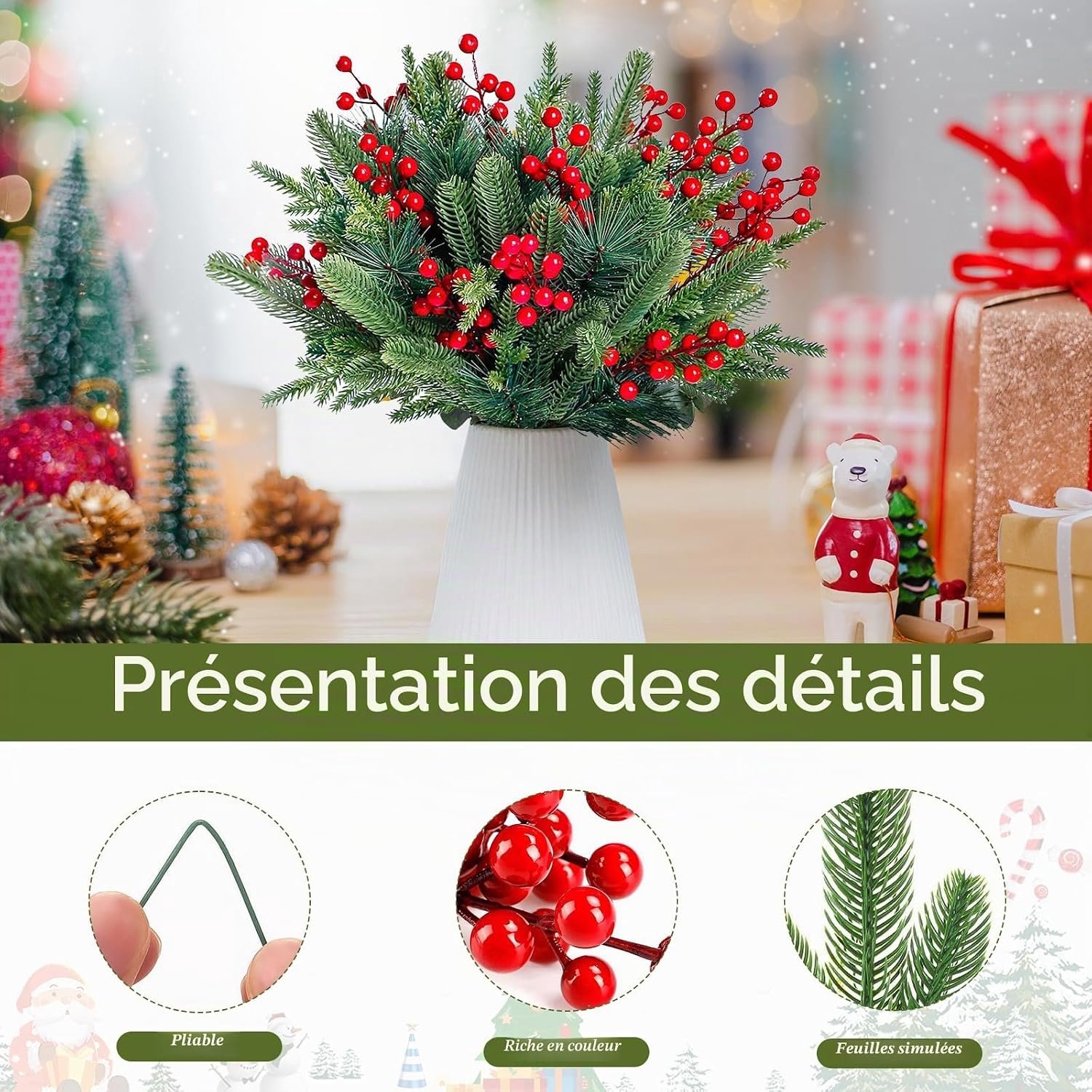 60 stuks kunstmatige dennentakken met kerstbessen - Rode bessen aan kunstmatige - groene kersttakken met dennennaalden - ornamenten voor kerstboomdecoraties, doe-het-zelf krans - kerstkrans zelf te maken - kerstboom, wenskaarten, feestjes – foto 7