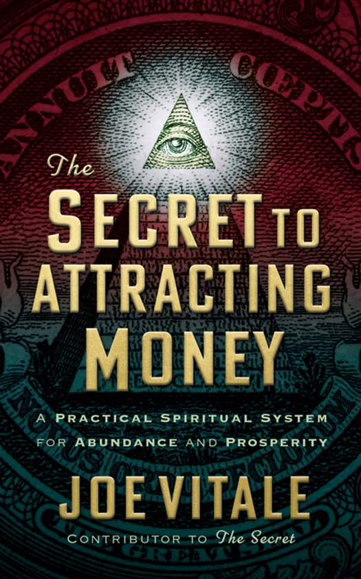 Boekomslag met een piramide en alziend oog tegen een rode achtergrond, titel: The Secret to Attracting Money.