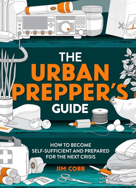 Boekomslag: The Urban Prepper's Guide met illustraties van survivalartikelen, een kip en oranje accenten.