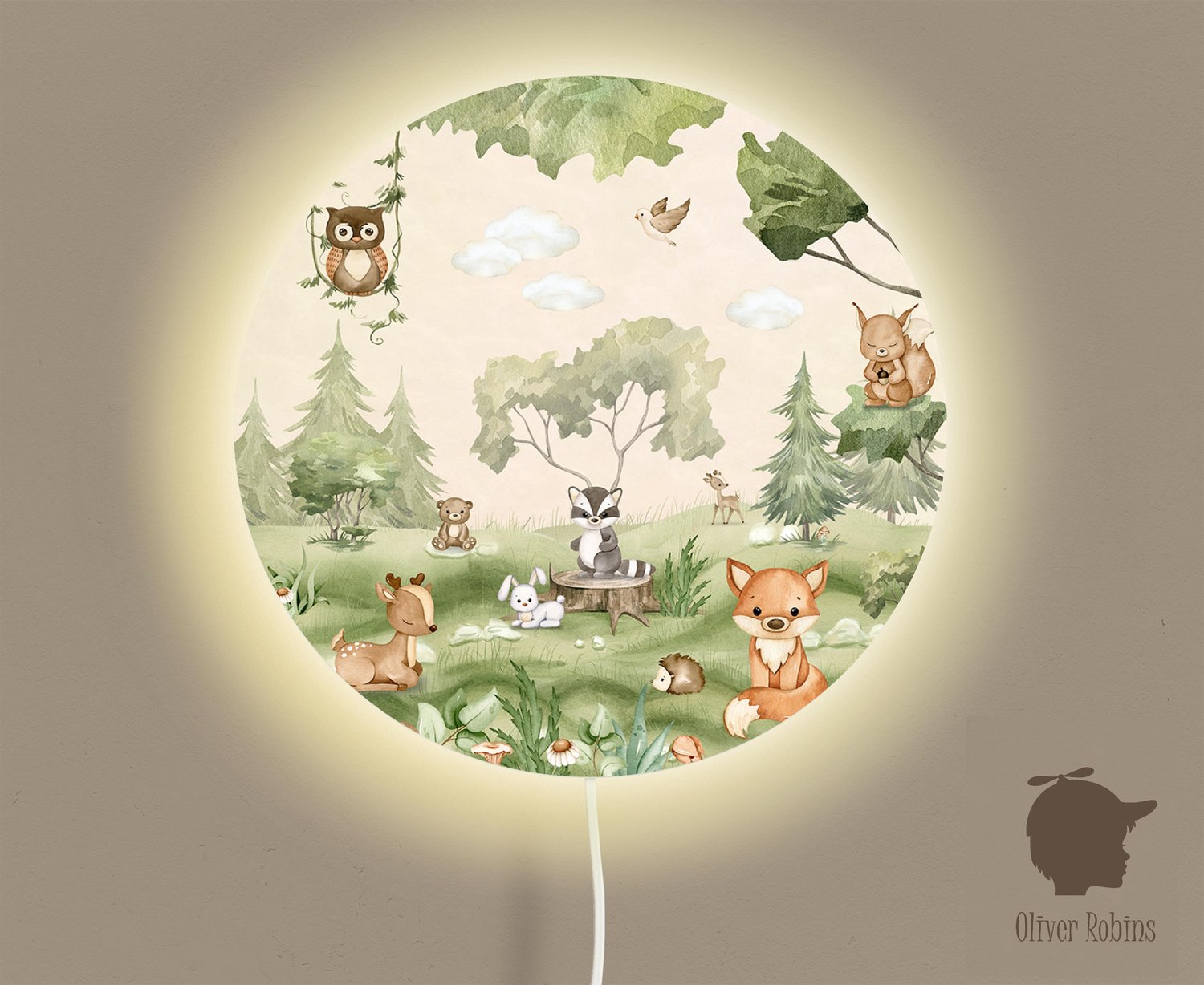 Wandlamp Woodland Joy Oliver Robins-sfeerverlichting-kinderkamer-bosdieren-vos-uil-hert-eekhoorn-wandverlichting