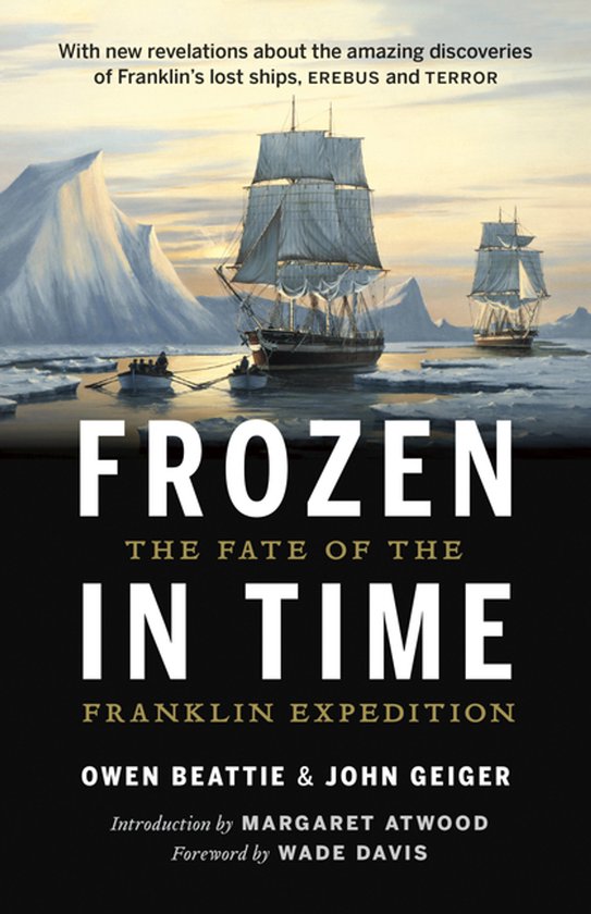 Boekomslag Frozen in Time over de Franklin-expeditie met een illustratie van zeilschepen tussen ijsbergen.