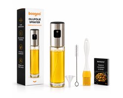 BooGoo® Olijfolie Sprayer – Premium RVS & Glas – Navulbare Olieverstuiver – Olie Spray voor Airfryer, BBQ & Bakken – Oliefles – Inclusief Trechter, Borstel & Recepten E-book