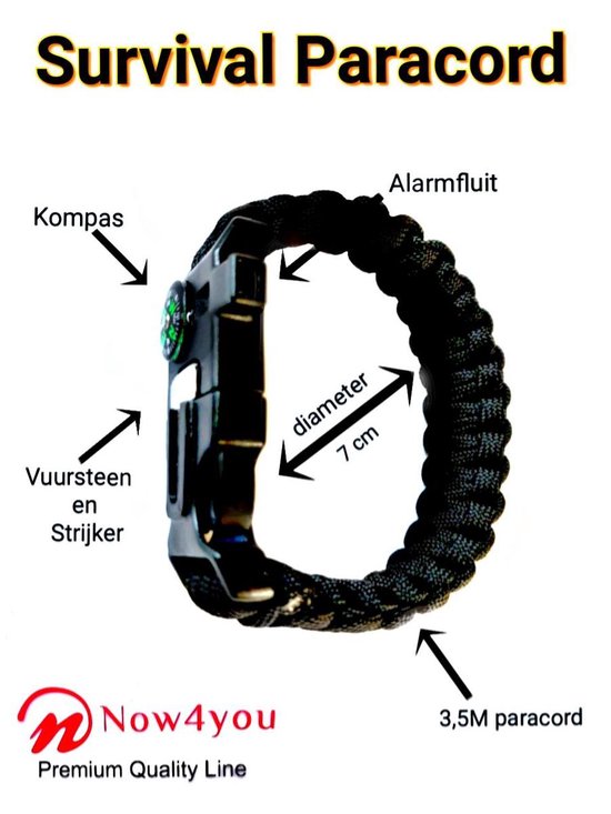 Foto: Zwart paracord survival armband kompas