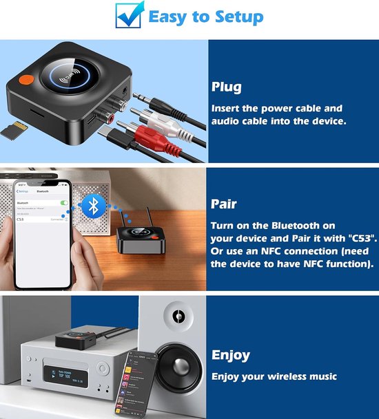 Bluetooth Ontvanger voor Stereo - NFC Audio Adapter - RCA & 3,5 mm AUX - Draadloos Muziek Streamen - TF-kaart - 3D Geluidsmodus - Automatische Koppeling - 10 m Bereik - Voor Oude Speakers & Versterkers — afbeelding 2