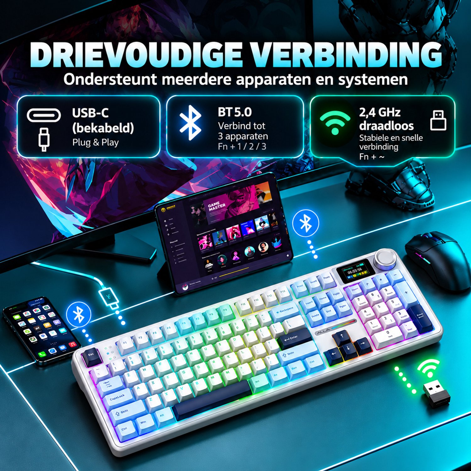 EPOMAKER x AULA F108 Pro - Licht Blauw - Mechanisch Gaming Toetsenbord – LCD Display – RGB – Tri-Mode Draadloos – Hot-Swappable – Full Size - Reaper Switch thumbnail 5
