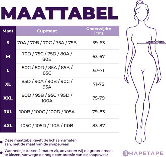 Maattabel voor Shapetape met cupmaten en onderwijdte in centimeters, inclusief silhouet-illustratie.