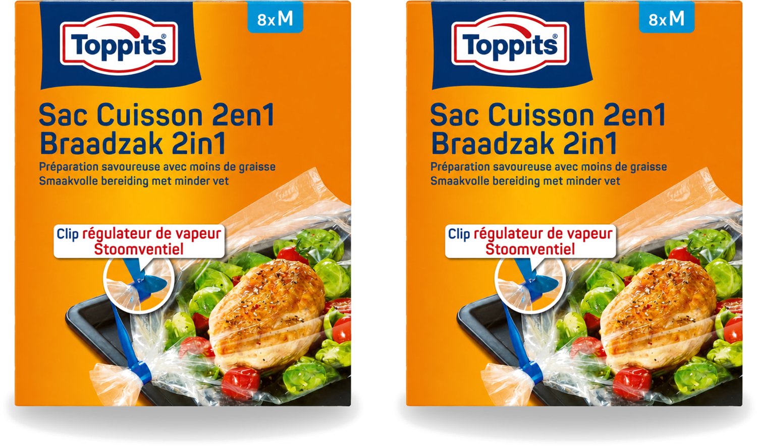 2 x Toppits – 2-in-1 Braad- & Stoomzakken – Maat M – 8 Zakjes - Voordeelverpakking - 2 stuks