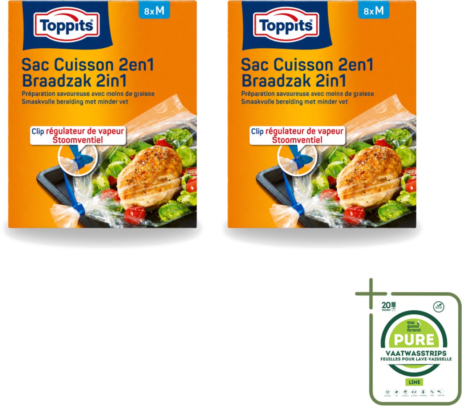 2 x Toppits – 2-in-1 Braad- & Stoomzakken – Maat M – 8 Zakjes - Grootverpakking - Vaatwasstrips - Braadzakken Oven - Braadzakken Magnetron - Gezond Koken - Smaakvol Koken - Vetvrij Bakken