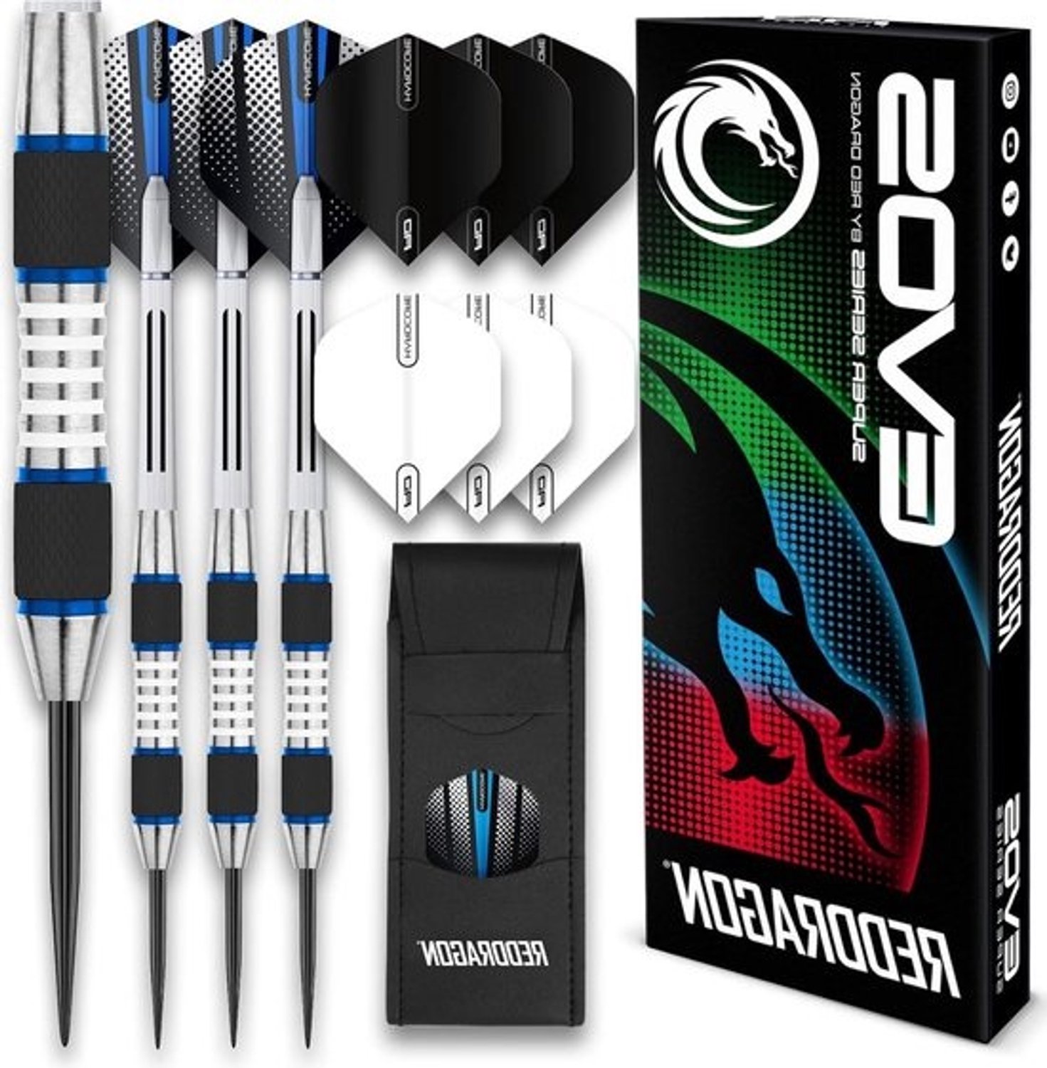 Red Dragon Evos dartpijlen 24 gram tungsten - stalen dartset met flights, shafts en etui