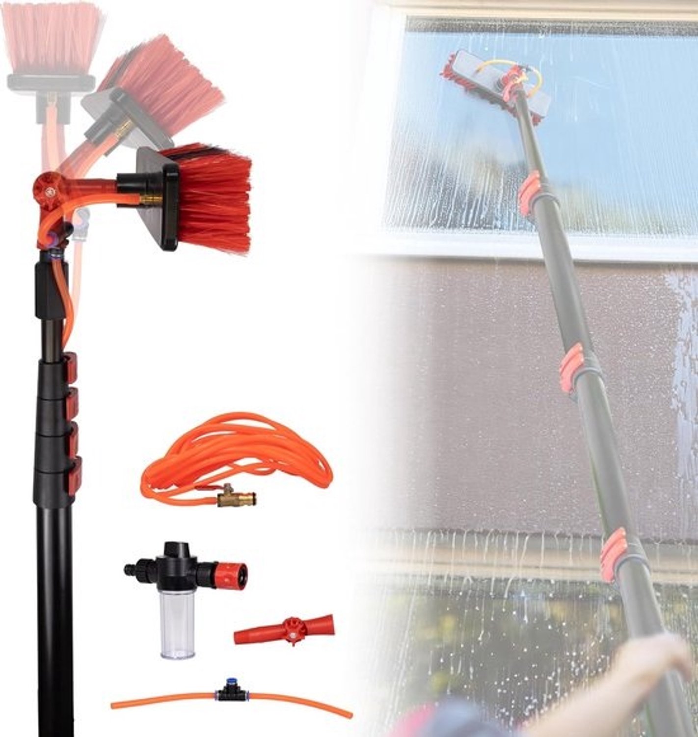 Telescopische wasborstel - Uitschuifbare raamwisser - Ramenreiniger - Autowasborstel - Telescoopsteel voor ramen - Extendable Washing Brush - Telescopische raamwisser met waterdispenser - Ruitenreiniger - 4.6 m - Zwart