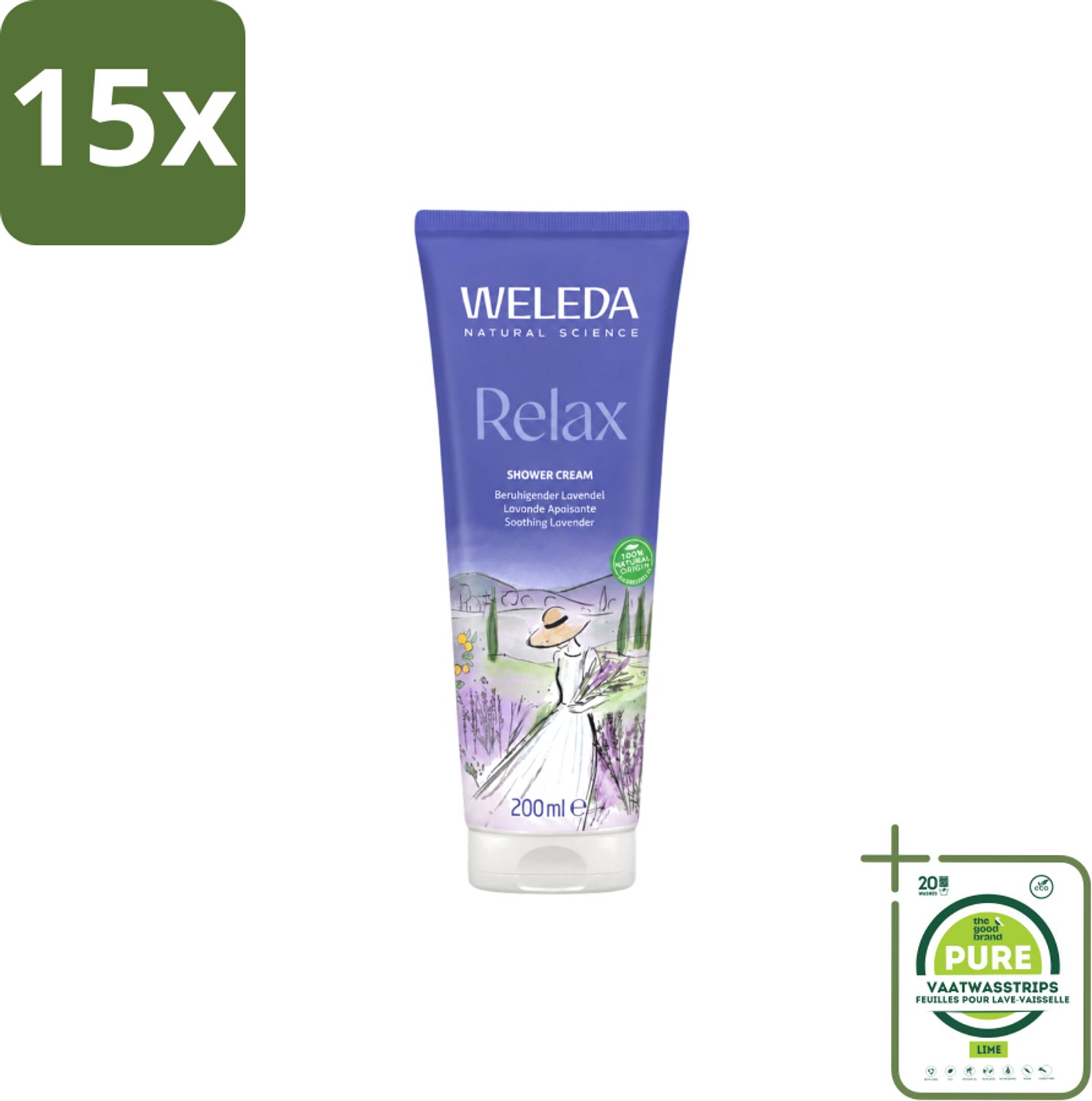 15 x WELEDA - Douchecrème Aroma Shower Relax - 200 ml - Grootverpakking - Vaatwasstrips - Douchecrème - Ontspanning - Aromatherapie - Natuurlijke Douchecrème - Lavendel
