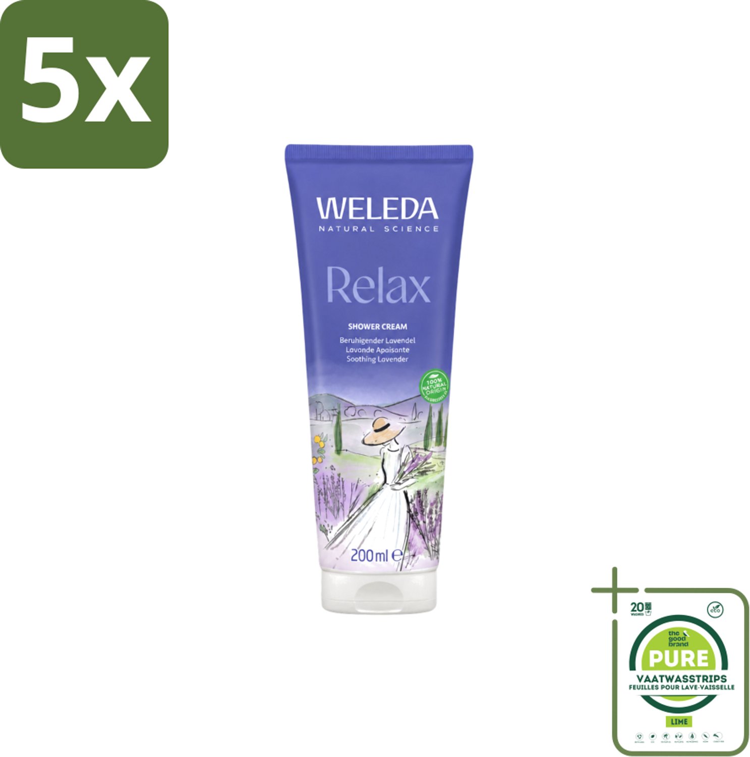 5 x WELEDA - Douchecrème Aroma Shower Relax - 200 ml - Grootverpakking - Vaatwasstrips - Douchecrème - Ontspanning - Aromatherapie - Natuurlijke Douchecrème - Lavendel