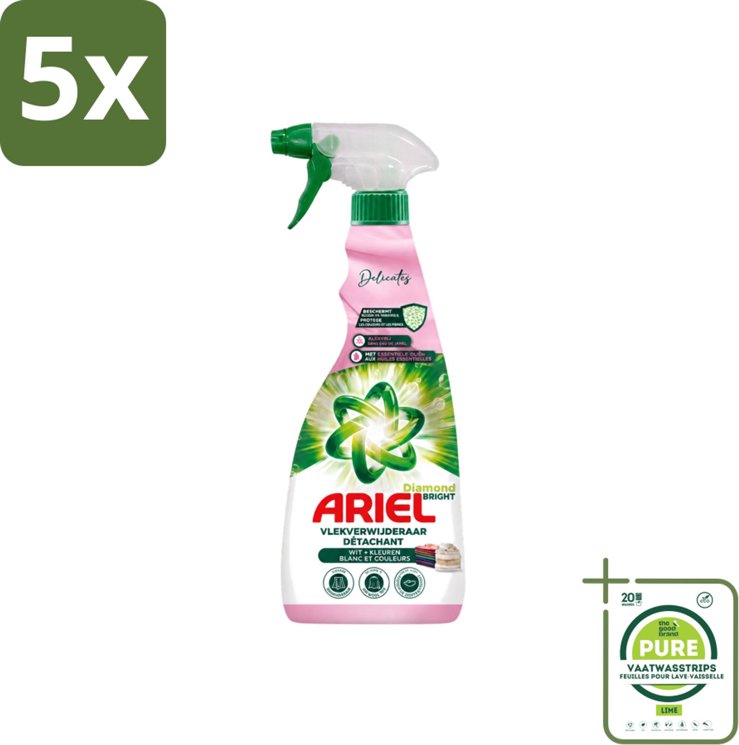 5 x Ariel - Vlekkenverwijderaar - Delicate & Wool Spray - 750 ml - Grootverpakking - Vaatwasstrips - Vlekken Verwijderen - Delicate Stoffen Reinigen - Babykleding Reinigen - Wol Reinigen - Zijde Reinigen