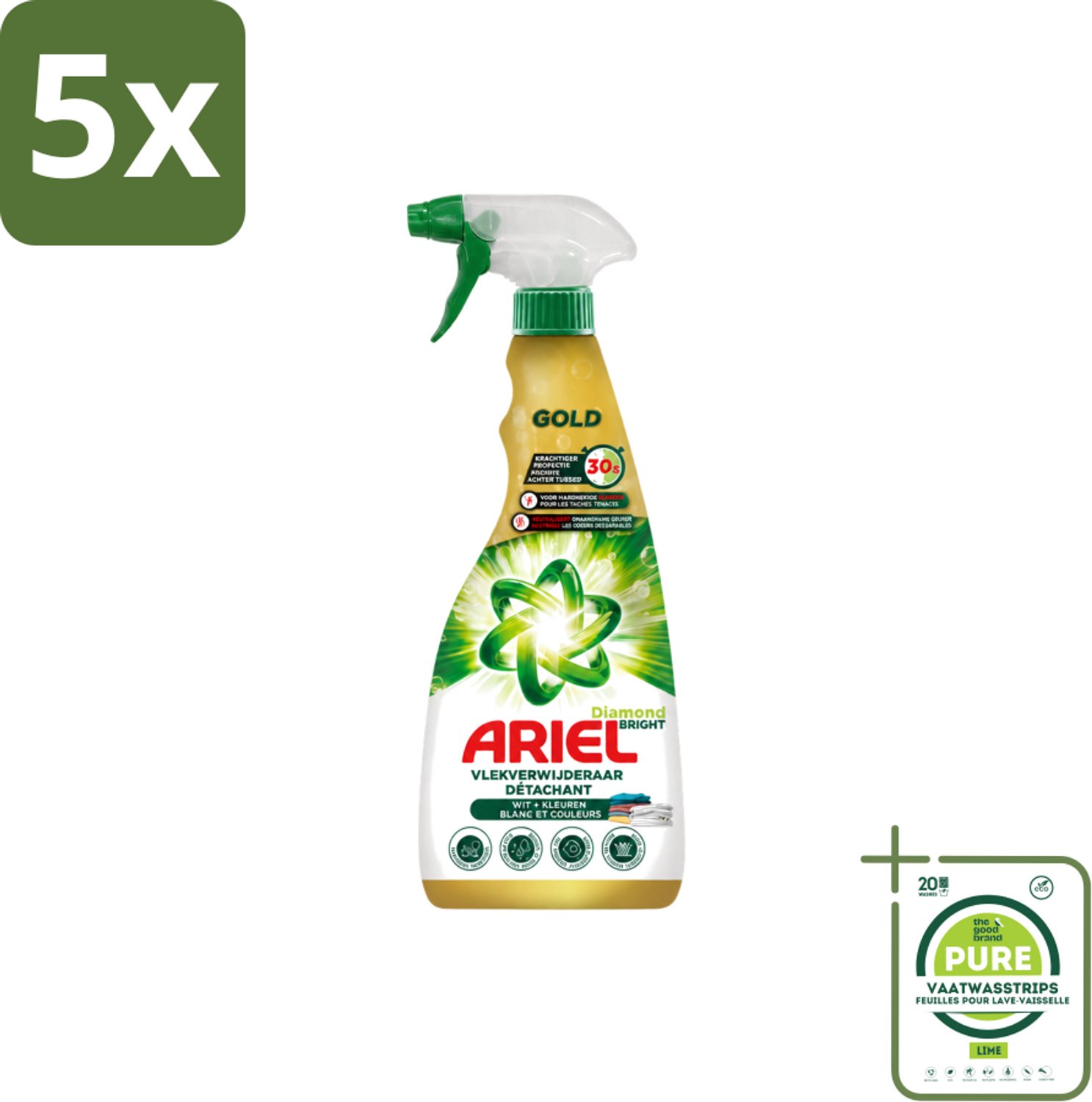 5 x Ariel - Vlekkenverwijderaar - Gold Spray - 750 ml - Grootverpakking - Vaatwasstrips - Vlekken Verwijderen - Snel Wasmiddel - Vlekken Op Witte Kleding - Vlekken Op Gekleurde Kleding - Vlekken Op Sportkleding