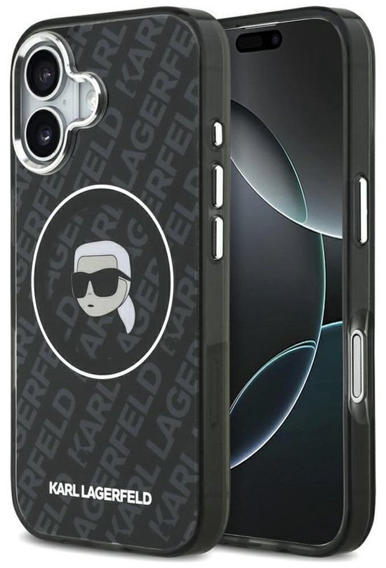 Zwart iPhone hoesje met Karl Lagerfeld logo-patroon en centraal icoon van Karl met zonnebril.