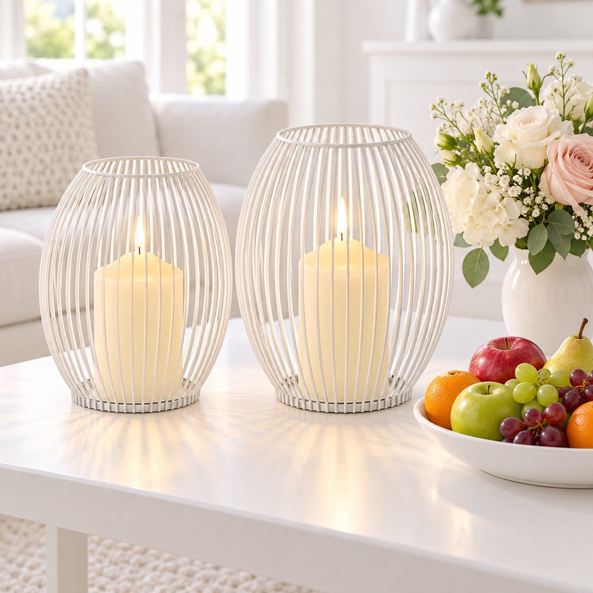 R&H® Kandelaars Set van 2 – Witte Draadlantaarns voor Stompkaarsen – Tafeldecoratie voor Woonkamer, Slaapkamer en Badkamer