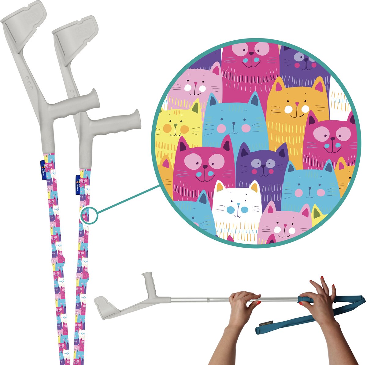 myCover Kitty Parade - 2 stuks - Trendy hoes voor krukken en wandelstokken, past op elke kruk of wandelstok, elastische stof, wasbaar 30°C, verschillende patronen - Excl. Kruk
