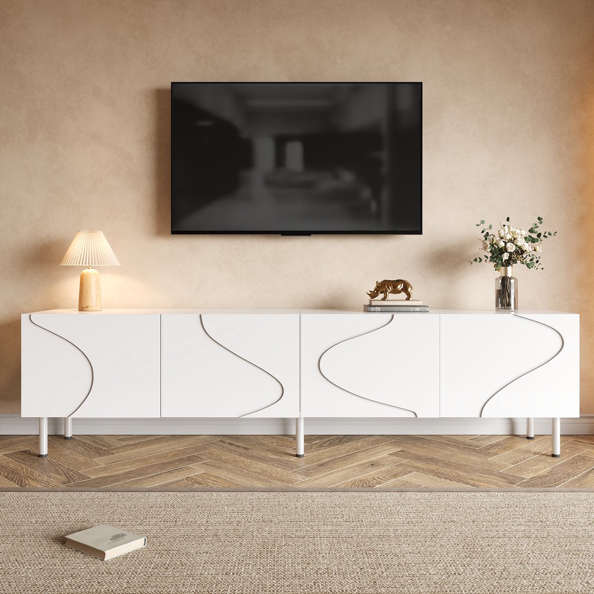 MODFU TV-Meubel - 4 Deuren Met Push-To-Open - Gebogen Lijnen - MDF - Wit - 170 Cm