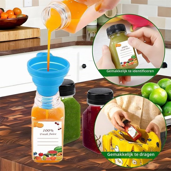Set van 16 Mini Plastic Juice Bottles 120ml met Doppen, Labels, Trechter en Borstel - Herbruikbare Drinkcontainers voor Sap en Smoothies — afbeelding 4