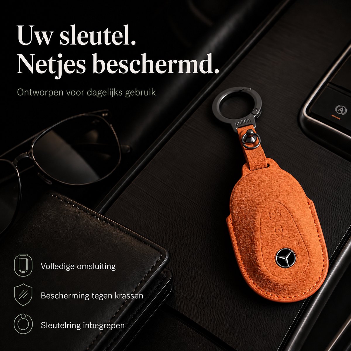 Zirkle Mercedes-Benz Autosleutel Hoesje Type F Oranje – Luxe Alcantara en Lederen Sleutelcover met Koordje en Draaglus – Beschermhoes voor Mercedes A B C E S Klasse GLA GLB GLC GLK – Krasbestendige 3D Key Case