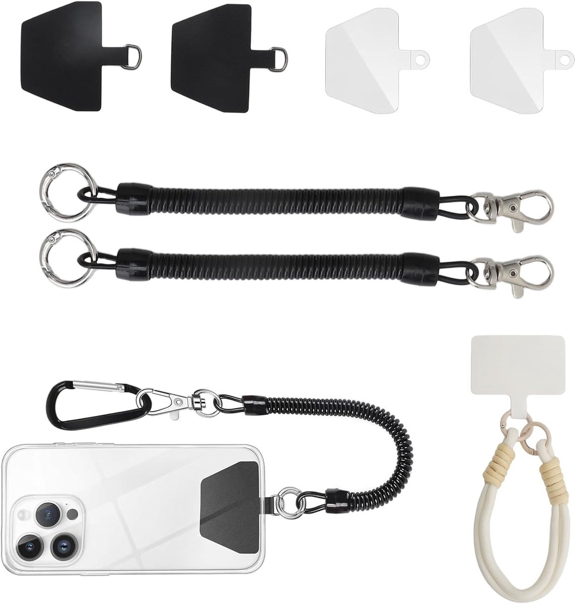 Anti-diefstal bescherming voor mobiele telefoons - 4-delige set met veerkabel, geschikt voor verschillende telefoons, ideaal voor outdoor activiteiten en veiligheid