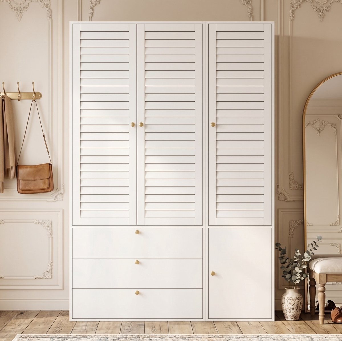 COVREO Kledingkast met 3 lameldeuren – Garderobekast met 3 lades – Opbergkast voor slaapkamer – 135x50x200 cm – Wit
