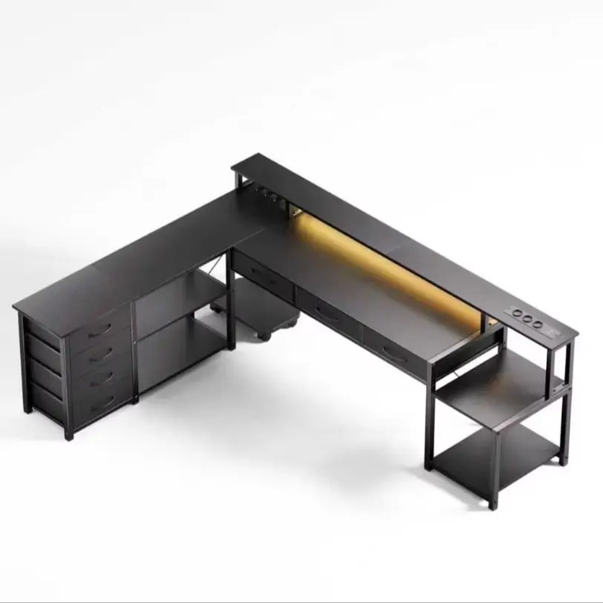 ITRONIQ Bureau L-Vormig 200x146 cm – Hoekbureau met 7 Lades – LED Verlichting – Monitorstandaard – Stopcontacten & USB – Zwart