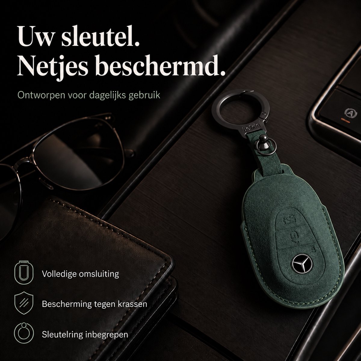 Zirkle Mercedes-Benz Autosleutel Hoesje Type F Groen – Luxe Alcantara en Lederen Sleutelcover met Ring en Sleutelhanger – Beschermhoes voor Mercedes A B C E S Klasse GLA GLB GLC GLK – Krasbestendige 3D Key Case