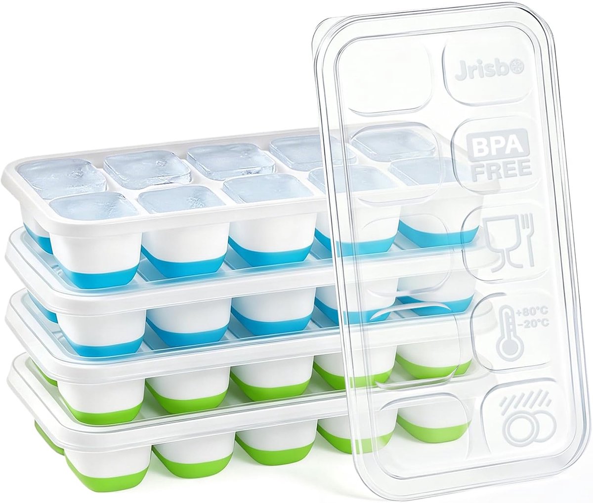SnelShoppen - Siliconen IJsblokjesvorm met Deksel, BPA-vrij, Stapelbare IJsblokjesbakjes, 4 Stuks (2 Blauw + 2 Groen) - Ideaal voor Tuin, Keuken, Fees