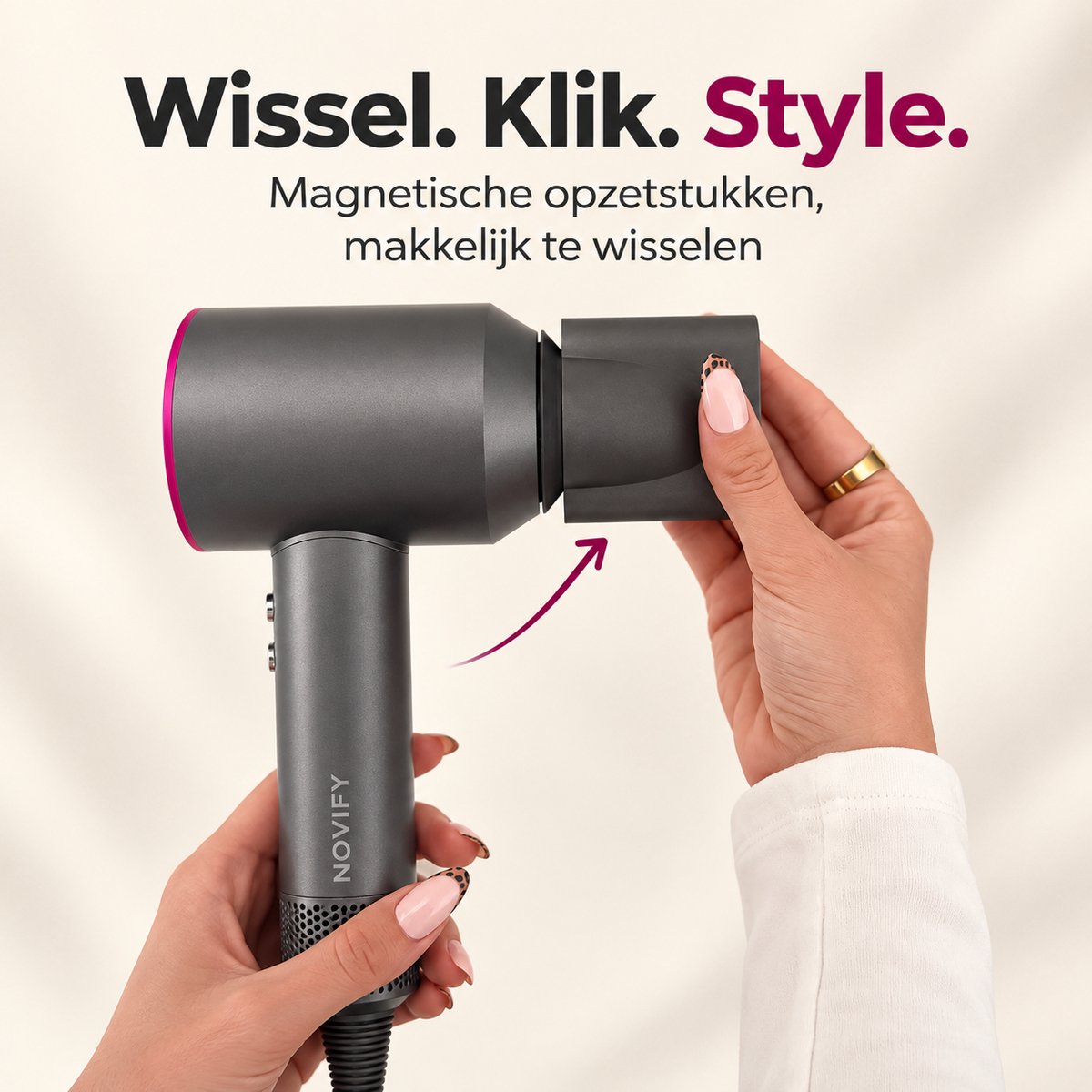 NOVIFY® Fohn - Fohnborstel - Haardroger met 5 opzetstukken - Fohn met Diffuser - 1500W - Velvet Steel - 2025 thumbnail 3