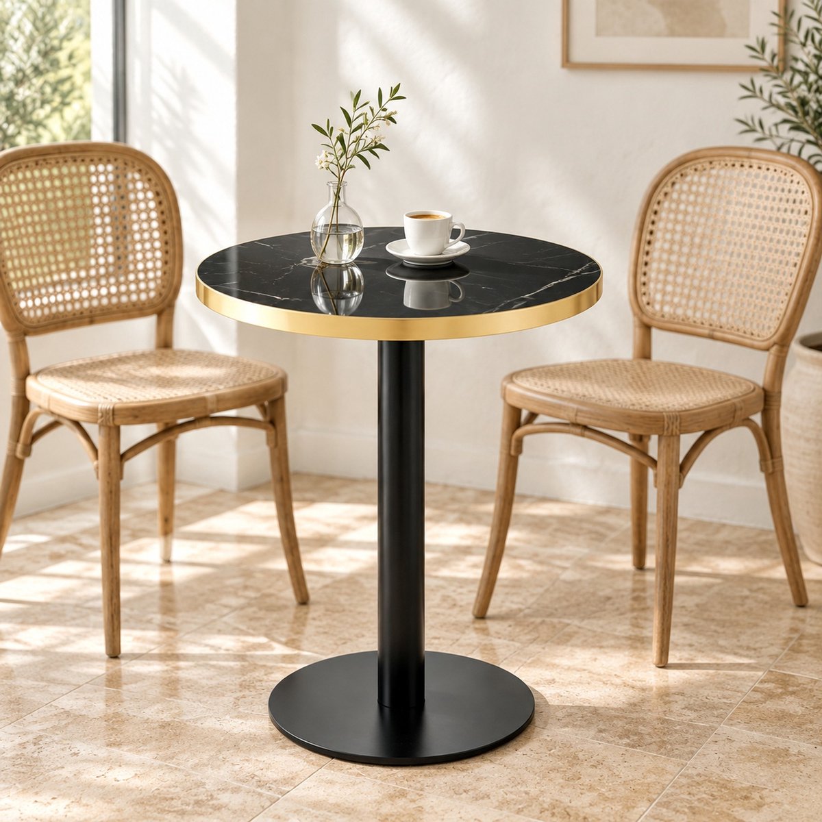 MODFU Bijzettafel - Marmereffect - Gouden Rand - MDF En Metaal - Zwart - Ø60 x 73,7 Cm