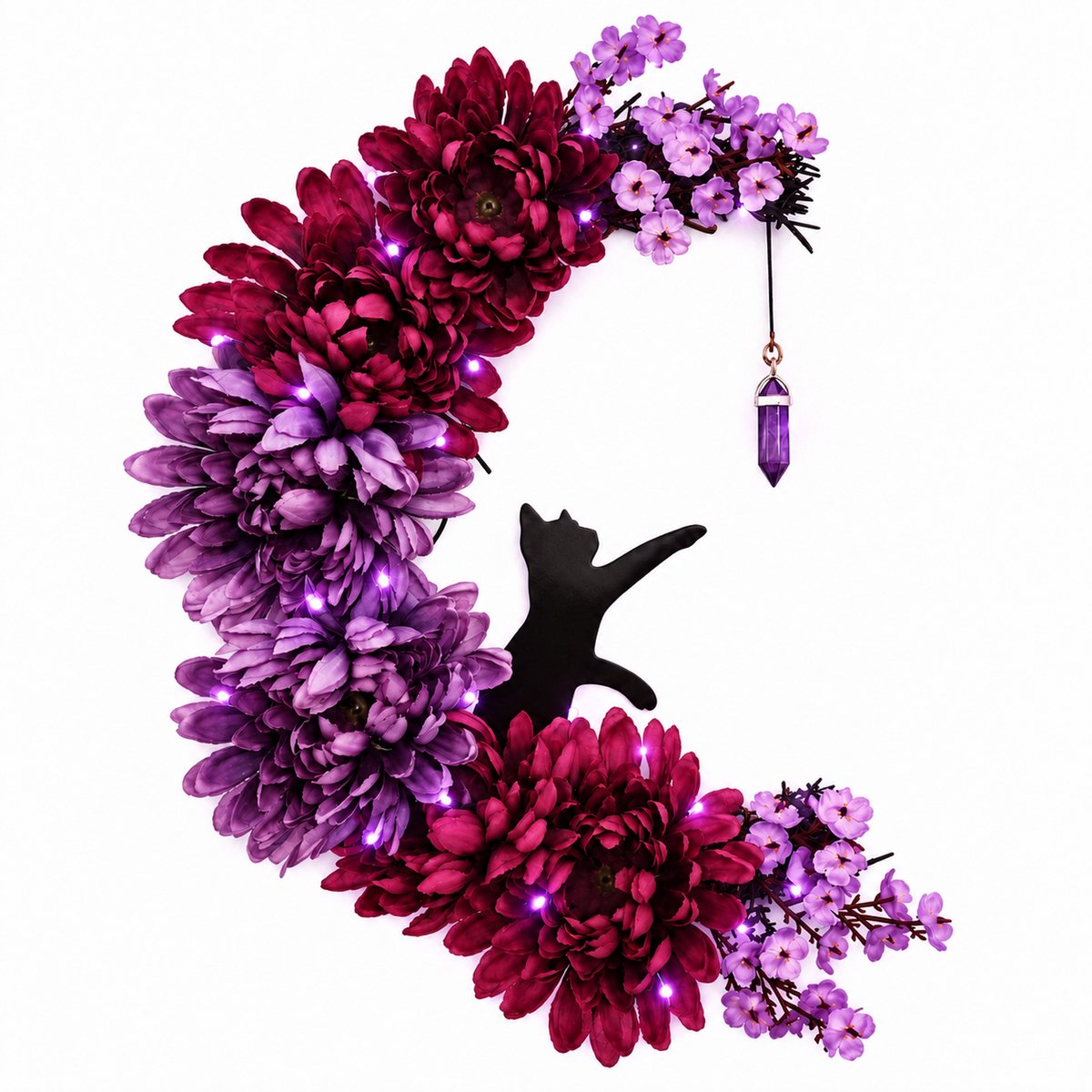 Halloween Krans - Bloemen en Katten - Feestelijke Deurkrans - Halloween Deurdecoratie - Herfstversiering - Onderhoudsvrij Kunststof - Buitendeurdecoratie - Sfeerverlichting - Paars