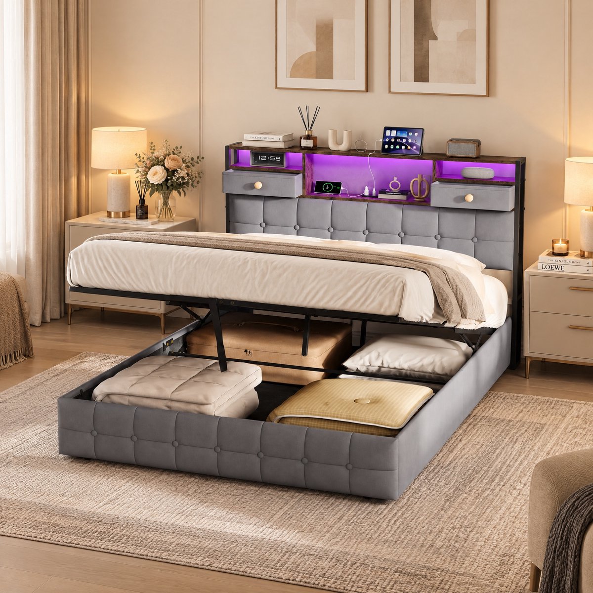 MEXUS Opbergbed 140x200 cm met hydraulische opbergruimte, Tweepersoonsbed met led- en usb-aansluiting, bedframe met lattenbodem en opbergbaar hoofdeinde, gestoffeerd bed, fluweel Grijs