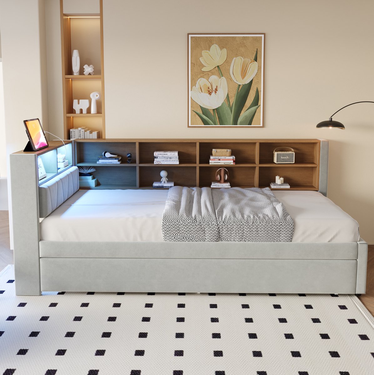 WUVRIE Slaapbank 90x200 cm met uitschuifbed 90x190 cm, ledverlichting, laadpoorten en opbergruimte, lichtgrijs