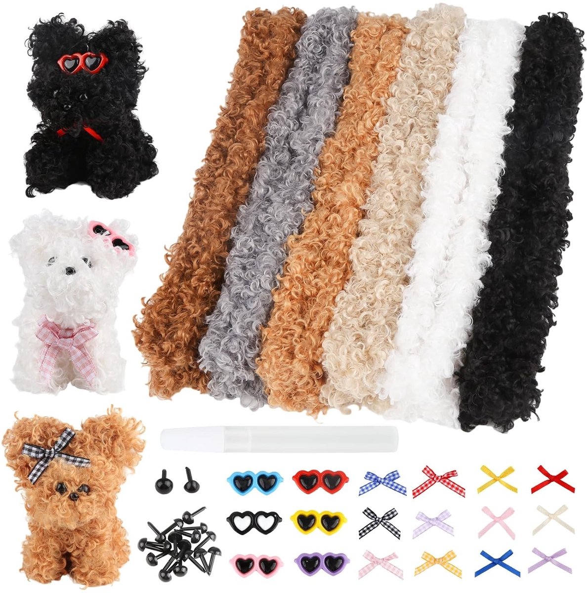 Set van 6 Stuks 1 m Dikke Krullende Pluche Pijpenragers voor Creatieve Knutselprojecten met Accessoires zoals Neus en Bril