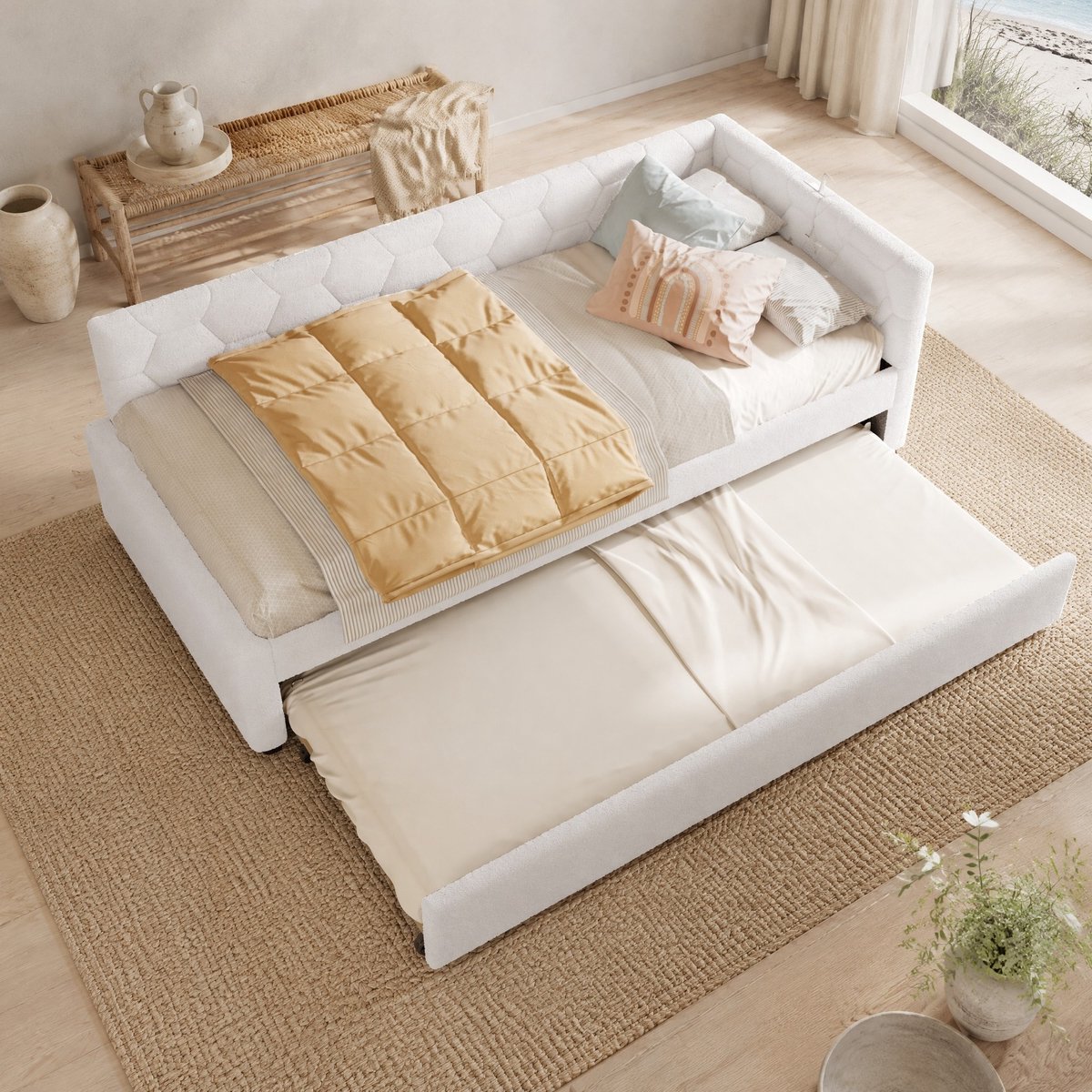 WUVRIE Slaapbank 90x200 cm met uitschuifbed, lattenbodem, USB, Type-C en nachtlampje, wit