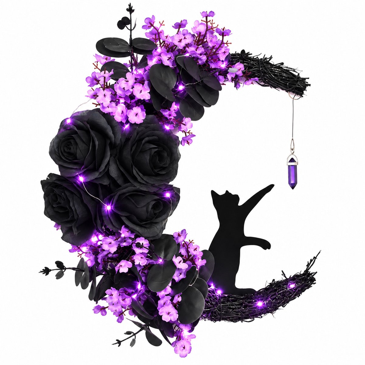 Halloween Krans - MaanKat - Feestelijke Deurkrans Voor Buiten - Halloween Deurdecoratie - Herfstversiering - Onderhoudsvrij Kunststof - Buitendeurdecoratie - Sfeerverlichting - Paars